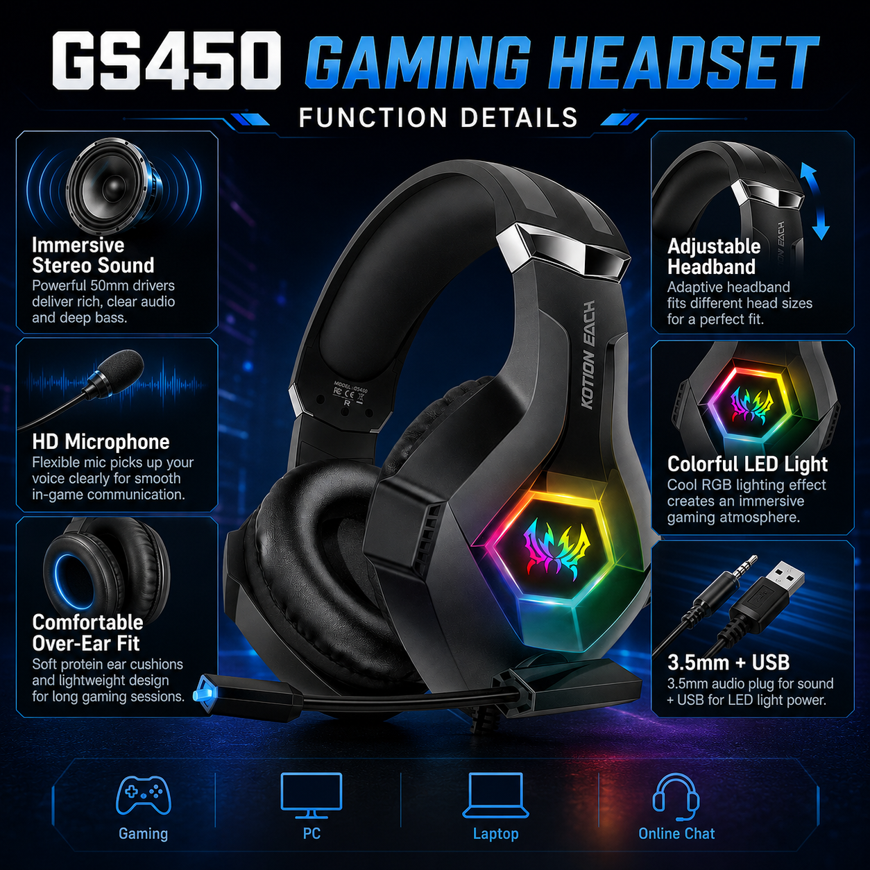 GS450 Wired Gaming Headset RGB - Gaming Headset Rgb avis et prix